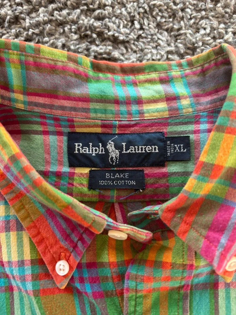 Vtg Polo Ralph Blake XL Madras Plaid Short Sleeve Button Down Shirt Preppy